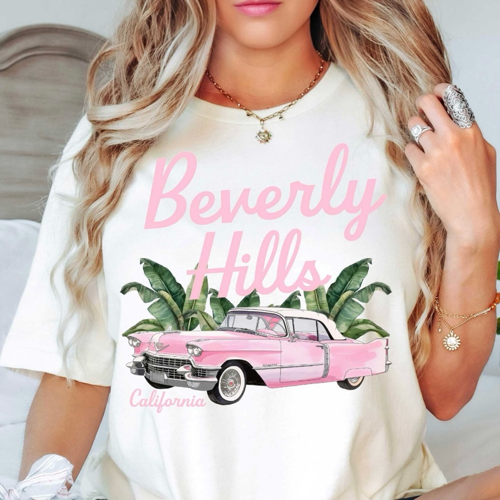 Beverly Hills Graphic Tee - Pink and White